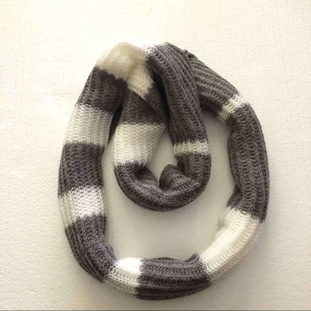 Grey & White Striped Knit Infinity Scarf